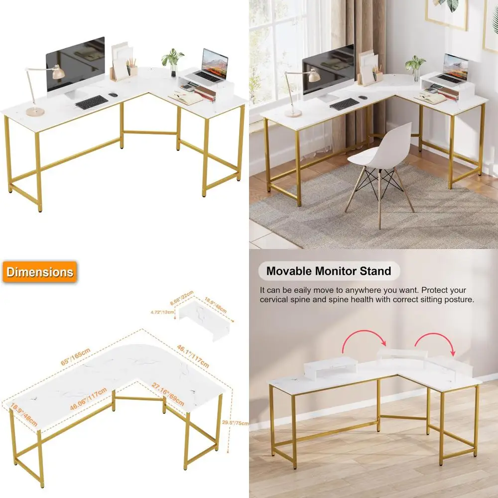 Bureau d'angle en forme de L avec support pour moniteur, poste de travail moderne pour PC de bureau à domicile pour l'étude et l'écriture