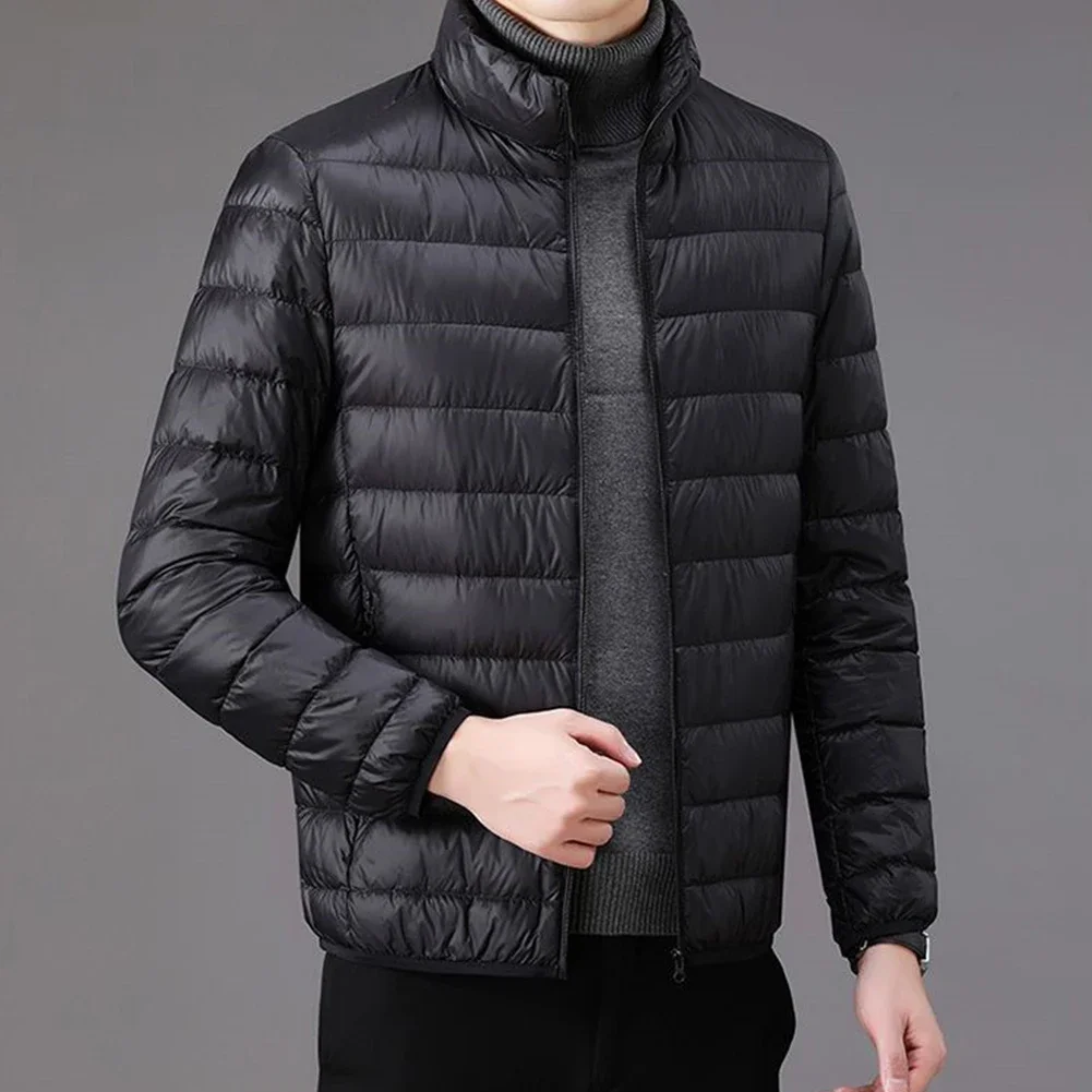 Lightweight Packable Cotton Coat Jacket for Men Solid Color Winter Top with Long Sleeve and Stand Collar Ideal for Vacation