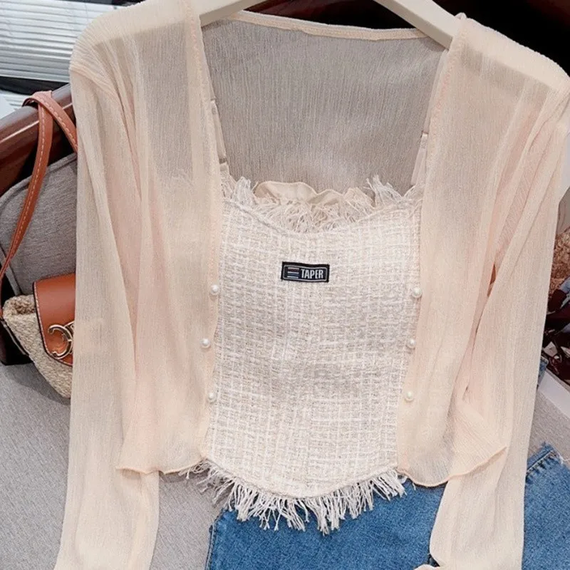 Ice Silk Sun Protection Shirt Women's Small Shoulder Strap Outerwear Thin Veil Cover up Chiffon Open Cardigan Thin Outer Jack...