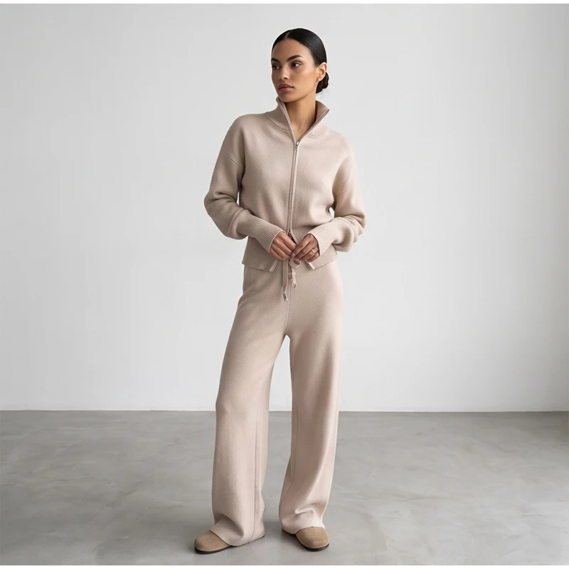 Solid Color Zipper Waist Cinching Casual Set Knitted Top Drawstring Straight Leg Pants 2-piece Sets 2026 Autumn Lady Daily Wear
