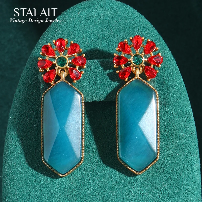 

Vintage Natural Stone Blue Earrings Gold Color Red Zirconia Flower Drop Dangle Luxury Quality Jewelry Woman Antique Wedding 2025