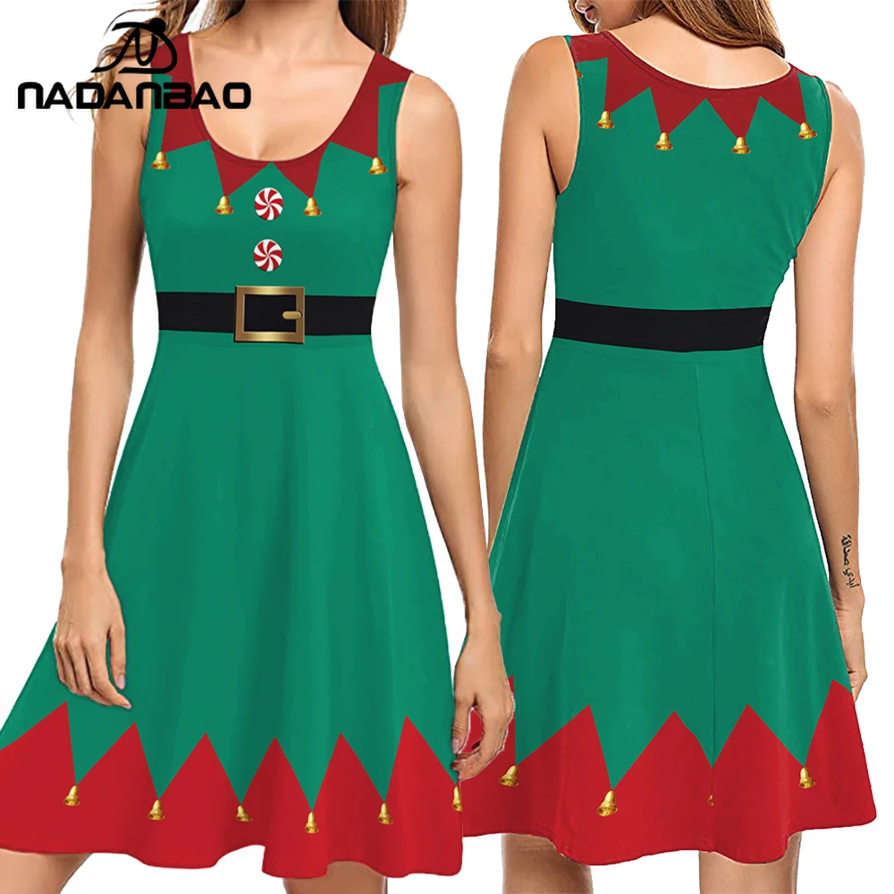 

Nadanbao Christmas Women Dress Xmas Elf Sleeveless Party Dresses Holiday Casual Cosplay Costume 3D Digital Printed Festival Clot