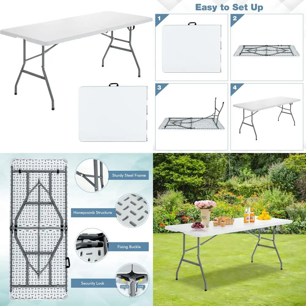 

Portable Heavy-Duty 6ft Plastic Folding Card Table with Handle, Outdoor Utility Folding Table for Events and Gatherings