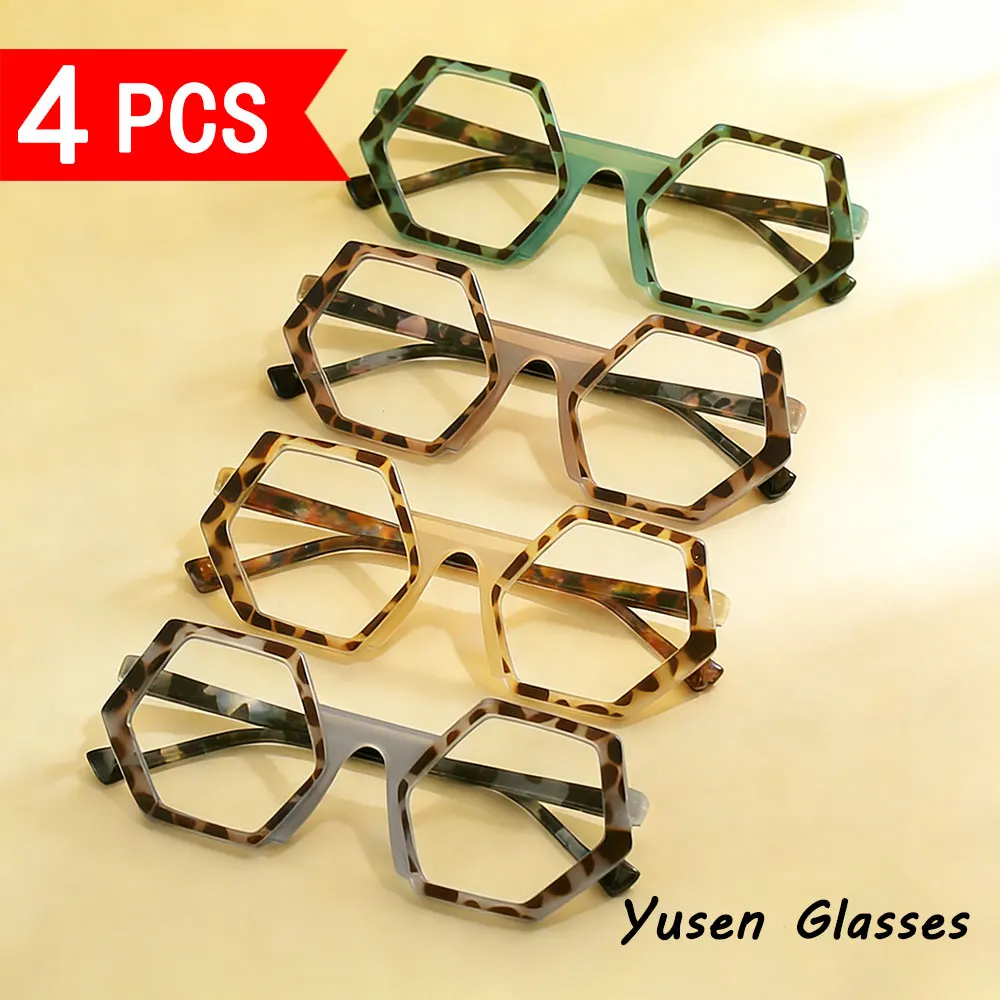 4-Pack of New Polygonal Fashion Reading Glasses for Middle-Aged and Elderly People with Clear Lenses from +1.0 to +4.0, Suitable for Reading and Viewing Close-Up Objects