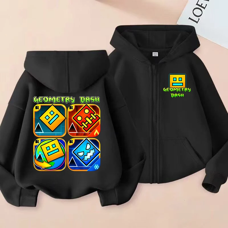 Funny Zip Up Sweatshirts Geometry Dash Hoodie Children Clothes Girls Boys Sweatshirt Zipper Hoody Baby Casual Tops Kids Outfits