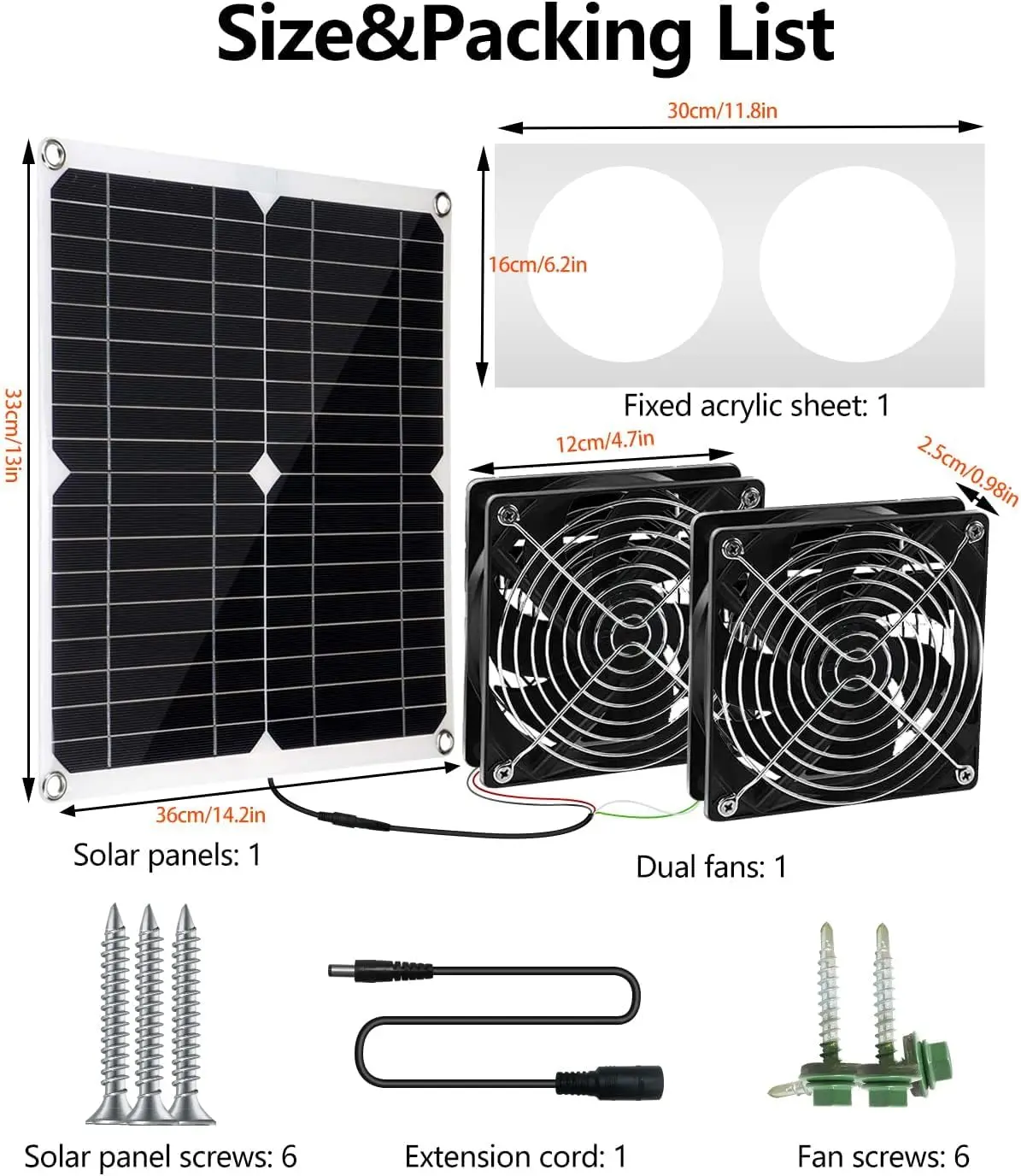Solar Panel Fan Kit,30W Solar Powered Fan 10FT Chicken Coop Fan Cable DC Power Dual Metal Shell Weatherproof Dual Fan