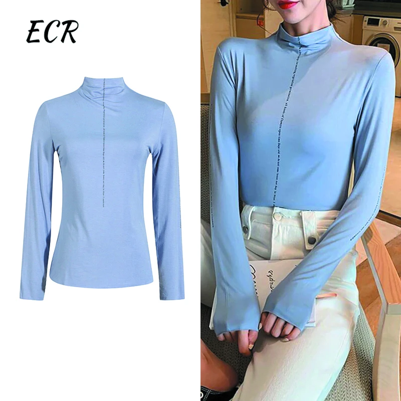 ECR Solid Sexy Slimming T Shirt For Women Turtleneck Long Sleeve Minimalist Casual Pullover Tops Female Clothing Fashion Style