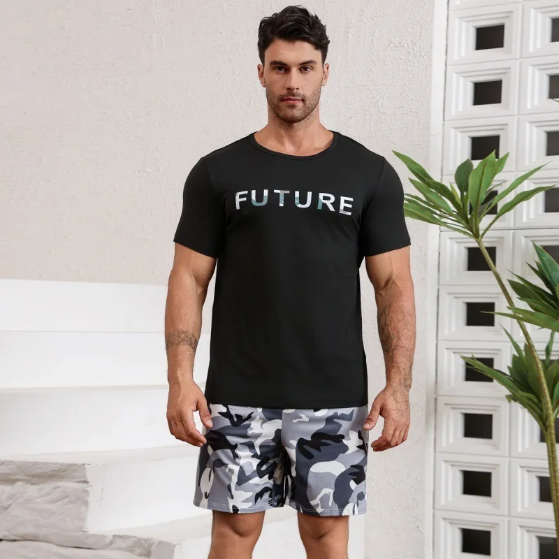 Men Pajama Set Simple Teen Spring Summer O-Neck Pullover Short Sleeve Shorts Loose Breathable Loungewear 2 Piece Set Sleepwear