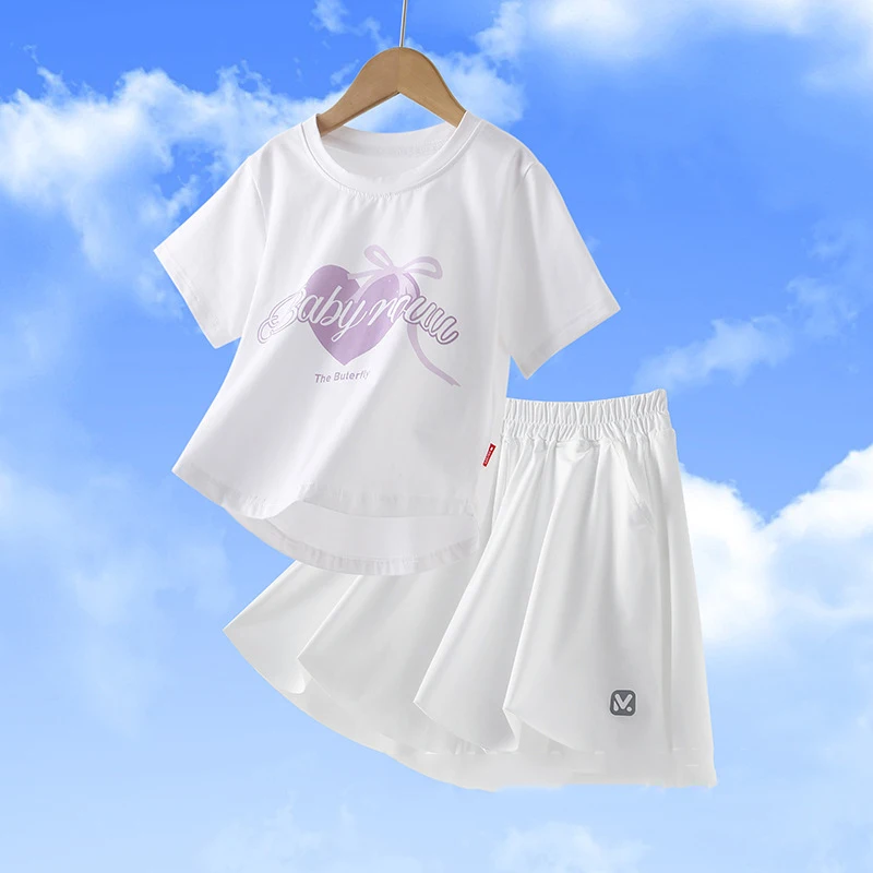 Girls' Sports Suit Letter Print O-Neck Short Sleeved Top Elastic Waist Shorts Comfortable Breathable Quick Drying Sportswear