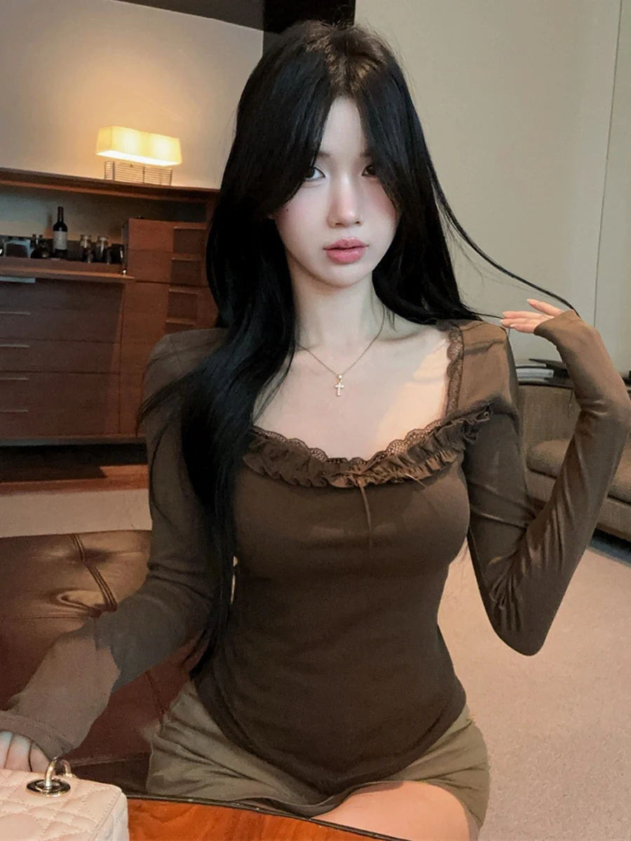 Sweet Style Ruffle  Knot Design Square Collar Slimming Base Layer Versatile Slimming Precise Top Korean Style T-shirt