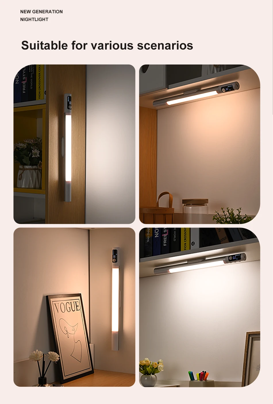 LED Digital Display Motion Sensor Night Light Type C Rechargeable Closet Light Magnetic Sensor Lamp For Cabinet Kitchen Lighting