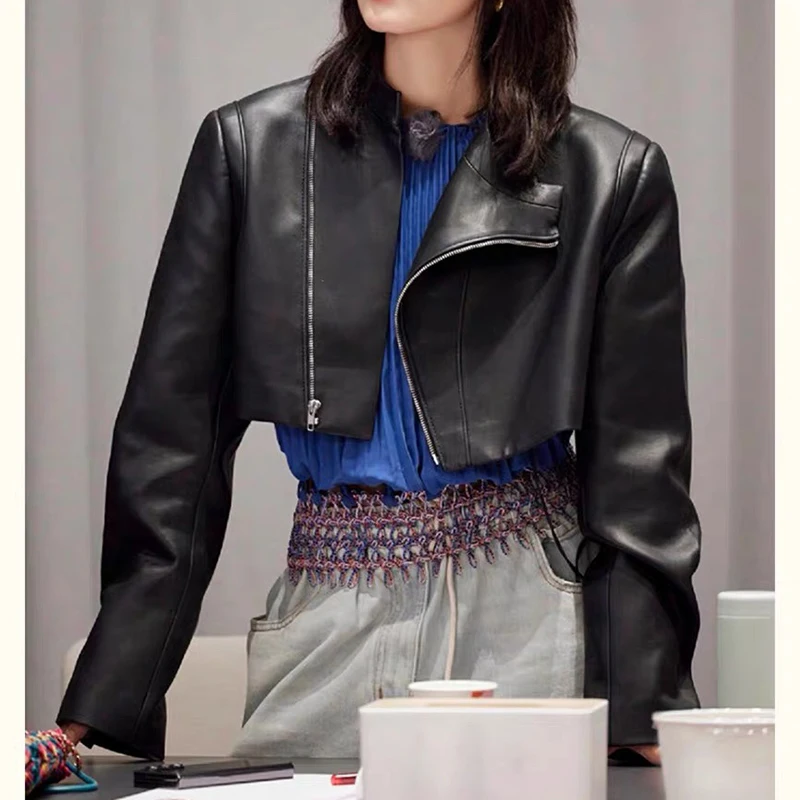 سترة قصيرة من الجلد الطبيعي للخريف والشتاء للنساء من جلد الغنم نمط جديد على الموضة الأوروبية معاطف جلدية لسائقي الدراجات النارية بسحاب أسود #6
