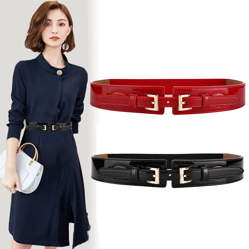 Women Elastic Wide Genuine Leather Belt for Dress Patent Wide Corset Cinch Belts Stretch Waistband Fashion Gold Double Buckle