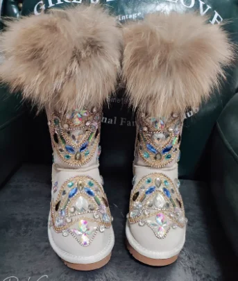 

Зимние женские сапоги BlingBling с кристаллами и натуральным мехом, на каблуке 3 см, с круглым носком, до середины икры, без застежек, модные, теплые