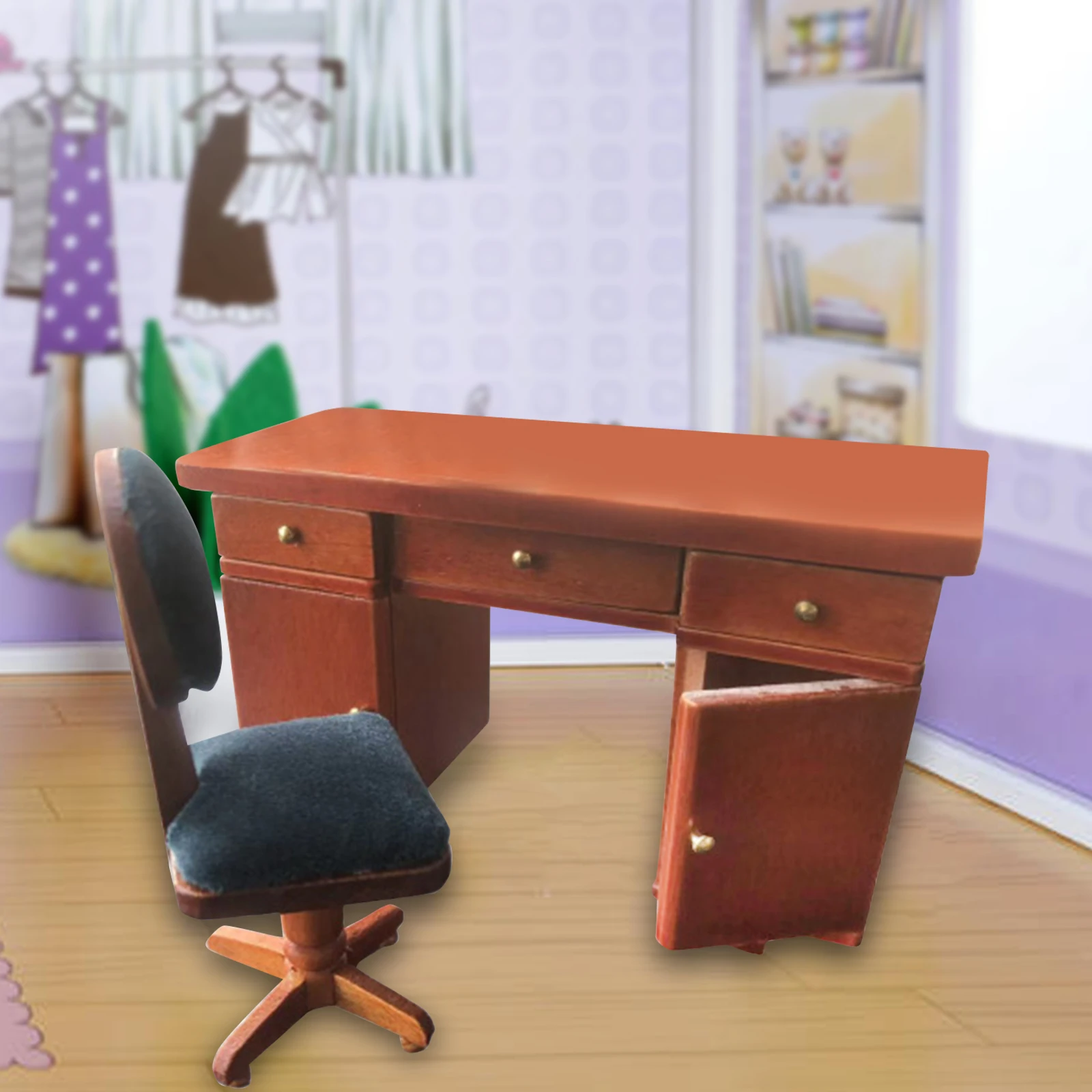 1:12 Scale Dollhouse Miniature Study Wooden Office Table and Chair Set for Kids Pretend Play Diorama Simulation Notebook Accesso