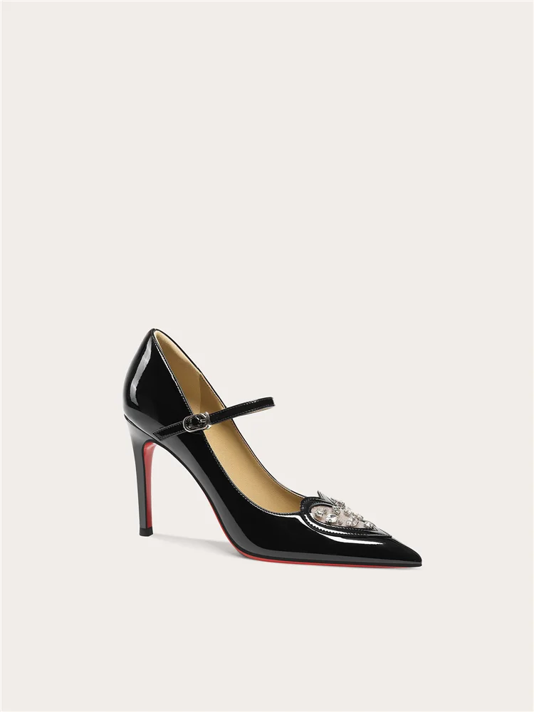 Spring new pointed patent leather silk mesh rhinestone flat shoes banquet large size small size slim high heels women's shoes