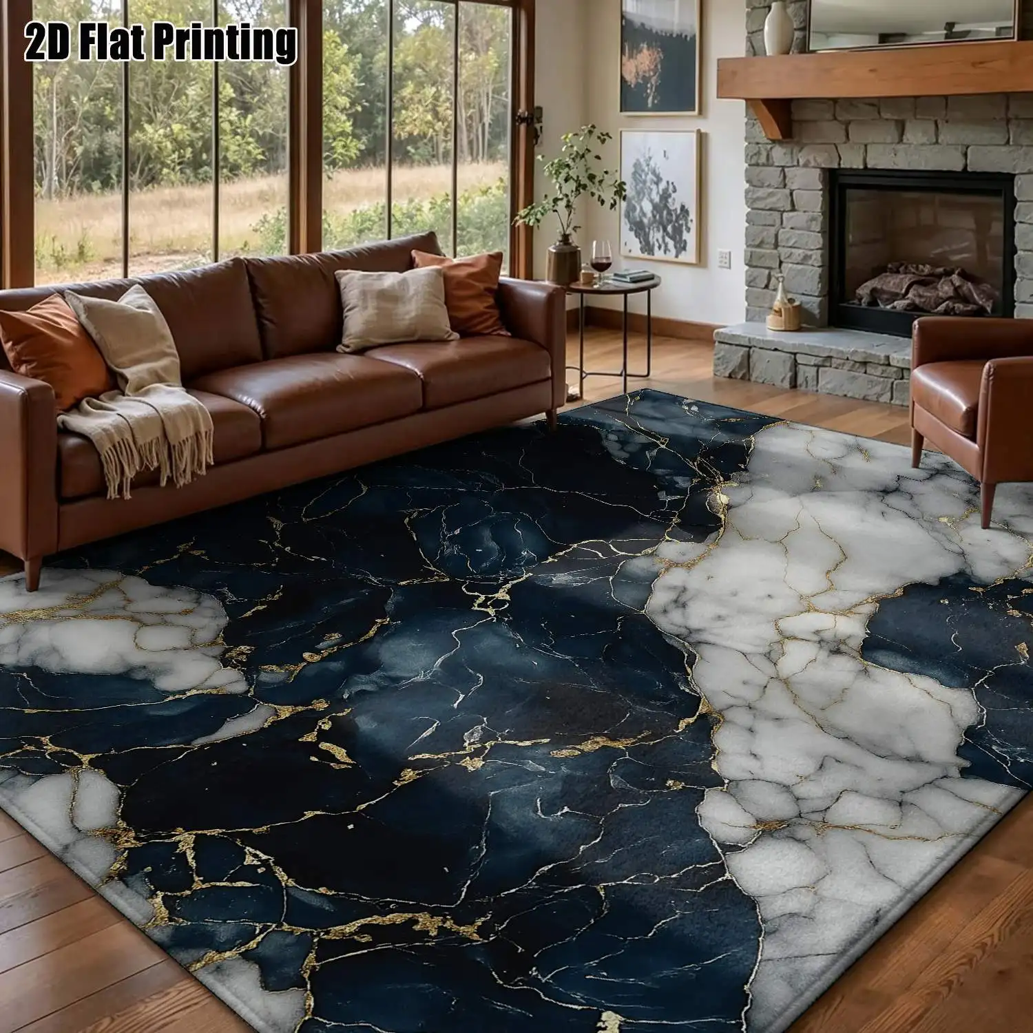 1Pc 2D Printed Carpet, Blue-White-Black-Gold Marble Pattern, Nordic/Instagram Style, Modern Minimalist Abstract Art Home Decor Floor Mat, Multiple Sizes, Machine Washable, Suitable for Entrance/Dining/Foyer/Living Room/Bedroom/Study