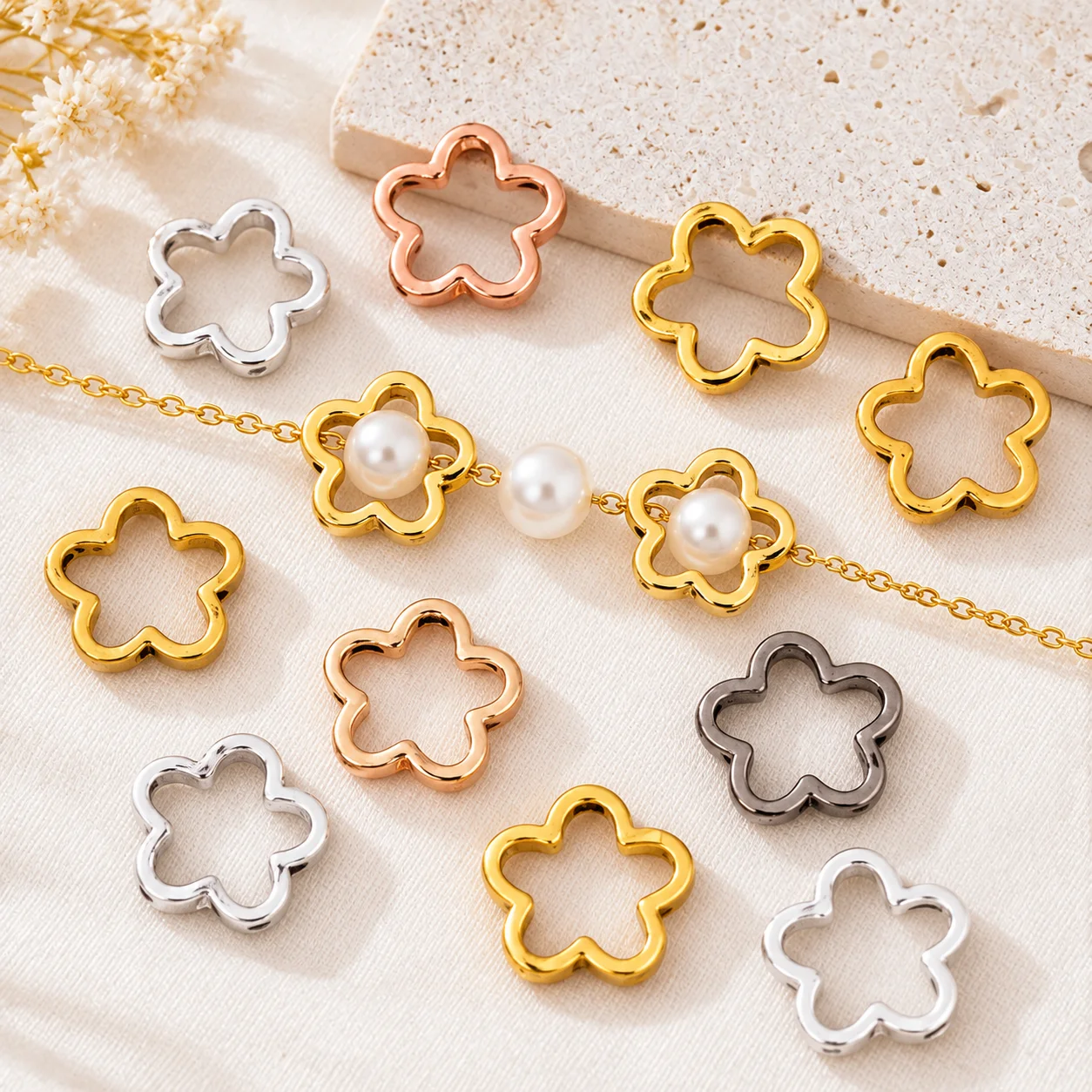 50pcs/Lot Two Hole Flower Frame Beads Spacer Connectors For DIY Necklace Bracelet Earrings Pendants Jewelry Making Accessories