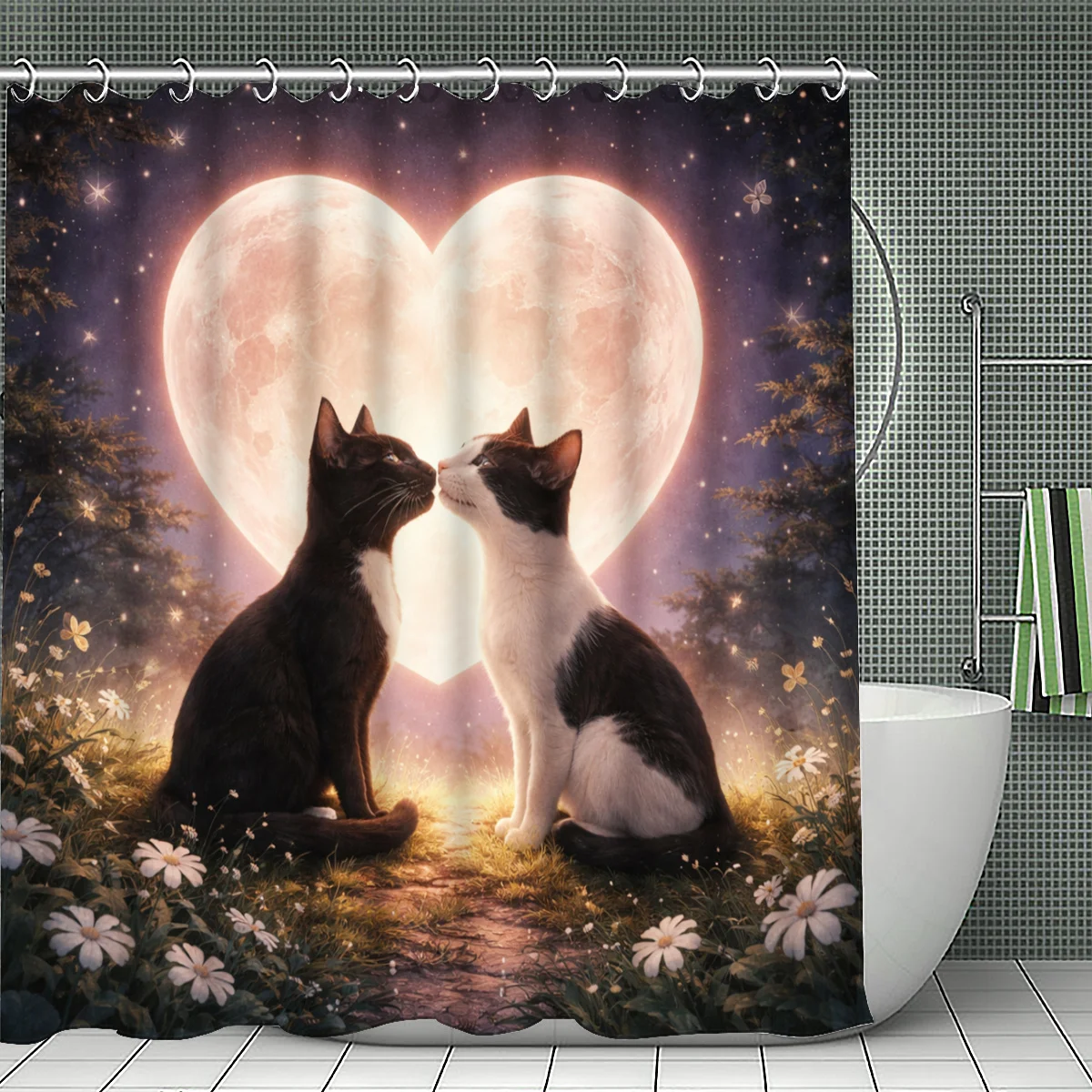 ロマンチックな猫のシャワーカーテン、ハートムーンプリント、ファンタジーな夜景、恋する2匹の猫、防水バスルーム装飾