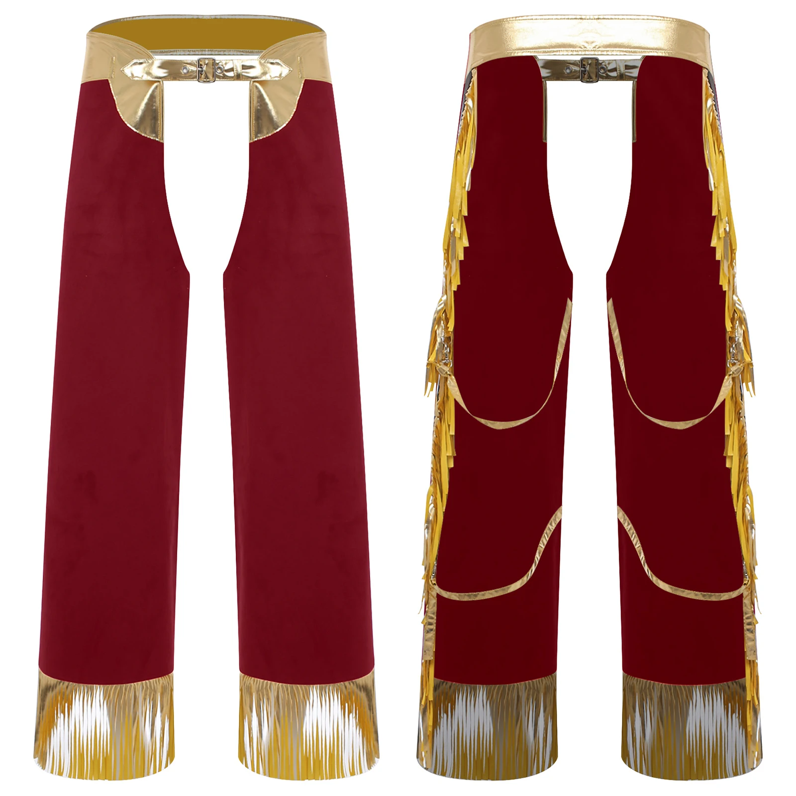 Męskie spodnie kowbojskie na Halloween, metaliczne, błyszczące, z frędzlami, regulowany pas, wycięty krok, długie spodnie do jazdy na byciach.