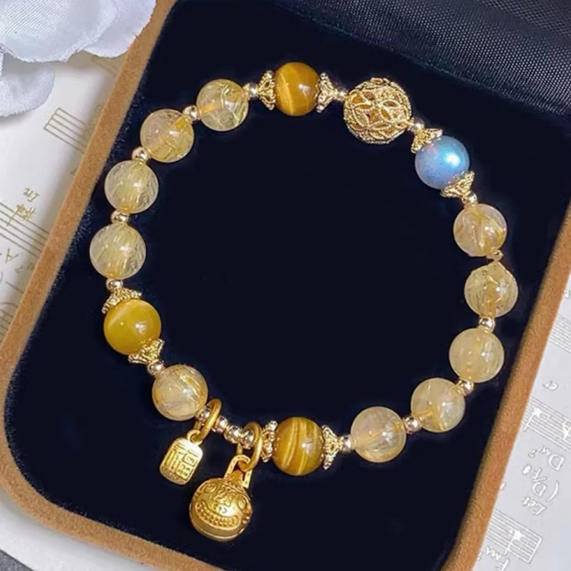 Natural Golden Hair Crystal Golden Tiger Eye Bracelet Gold Beast Citrine Moonlight Stone Mix Titanium Crystal HandString Lucking