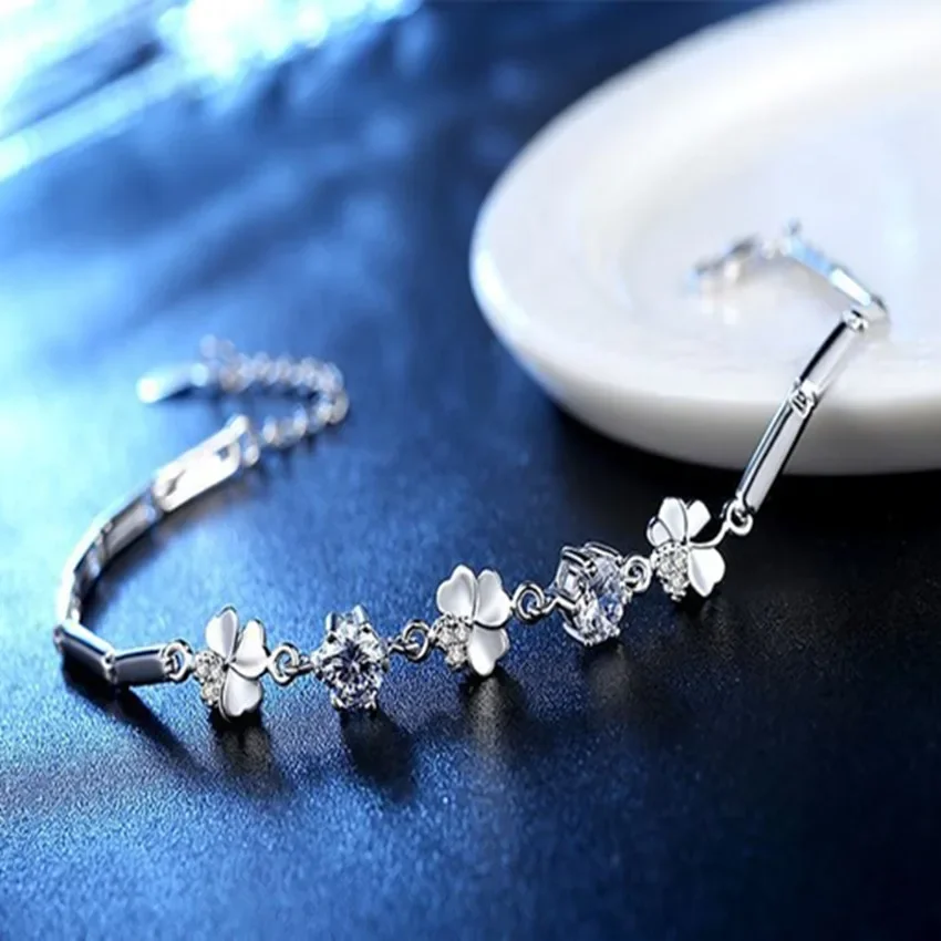 hot 925 Sterling Silver Zircon Clover Bracelets crystals chain For Women Valentines Gift Wedding party cute Jewelry pulseras