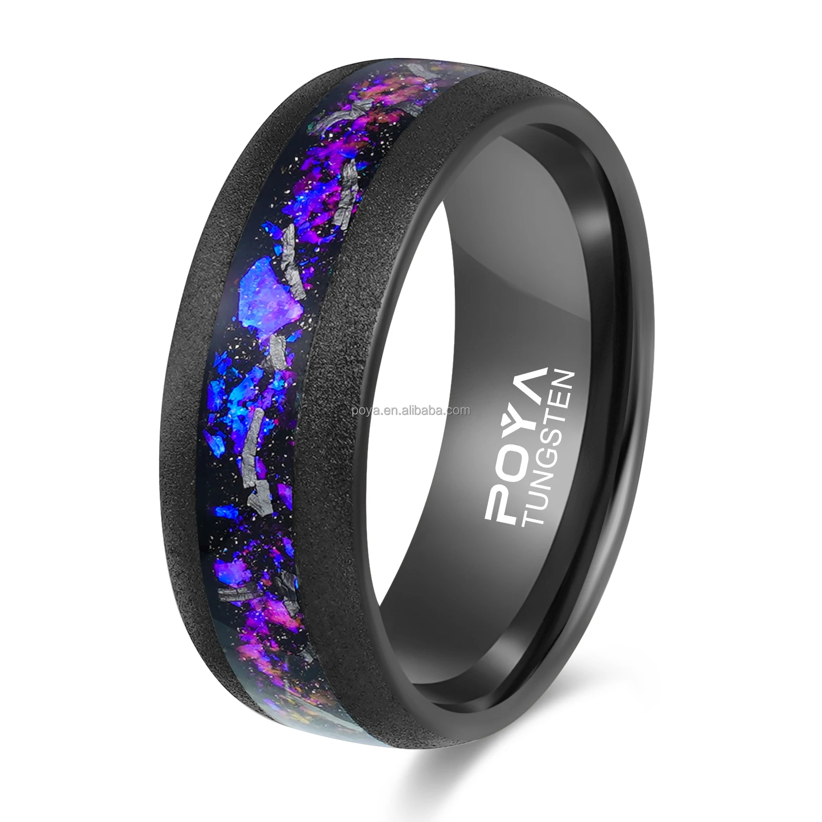Coffee Wedding Band 8mm Sandblasted Dome Tungsten Carbide Meteorite Nebula Inlay Ring for Men