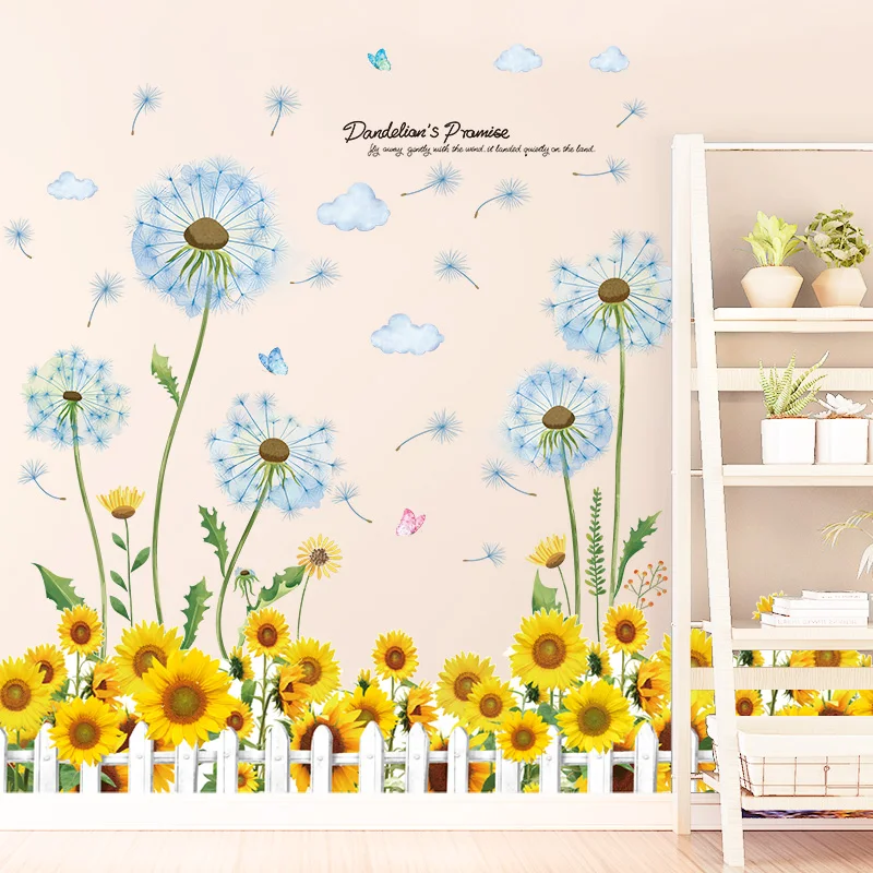 

[shijuekongjian] Dandelion Flowers Wall Stickers DIY Sunflowers Plants Wall Sticker for Living Room Kitchen Home Decoration