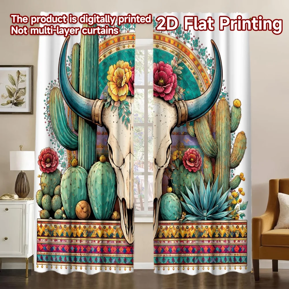 2D FLAT PRINTING 2-teilige Vorhänge (ohne Stange) Vorhänge mit beliebtem Muster „Southwest Bull Skull“, maschinenwaschbare Stoffvorhänge
