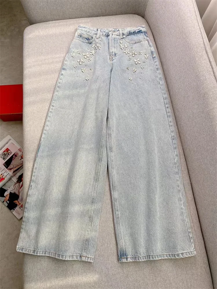 Spring Summer New Fashion Denim Set Women Colorful Hot Rhinestone Short Denim Vest or High Waist Wide Leg Jeans Ladies 2024 suit