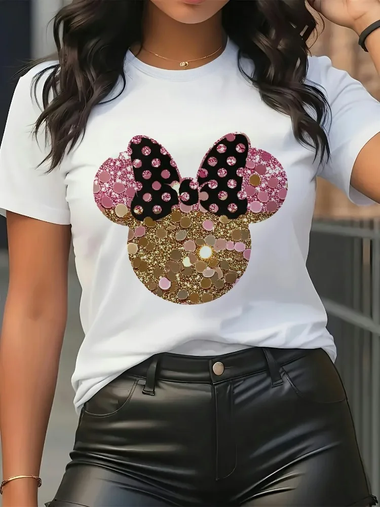 Damen-T-Shirt mit rosa Glitzer, Mickey-Mouse, Rundhalsausschnitt, kurze Ärmel, lässiges T-Shirt, Fliege-Detail, weiches, locker sitzendes Baumwoll-Shirt, Y2K-Top