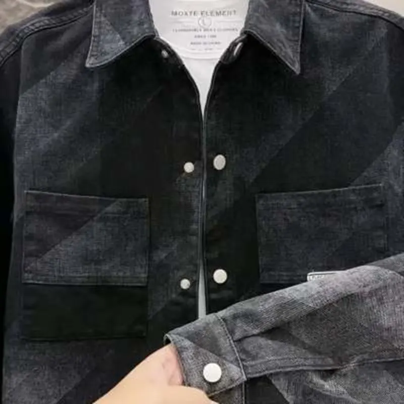 Graduated Color Denim Jacket Men's Spring Autumn Casual Loose Collar Jeans Style Shirt Trendy All-Match Korean Version Outerwe