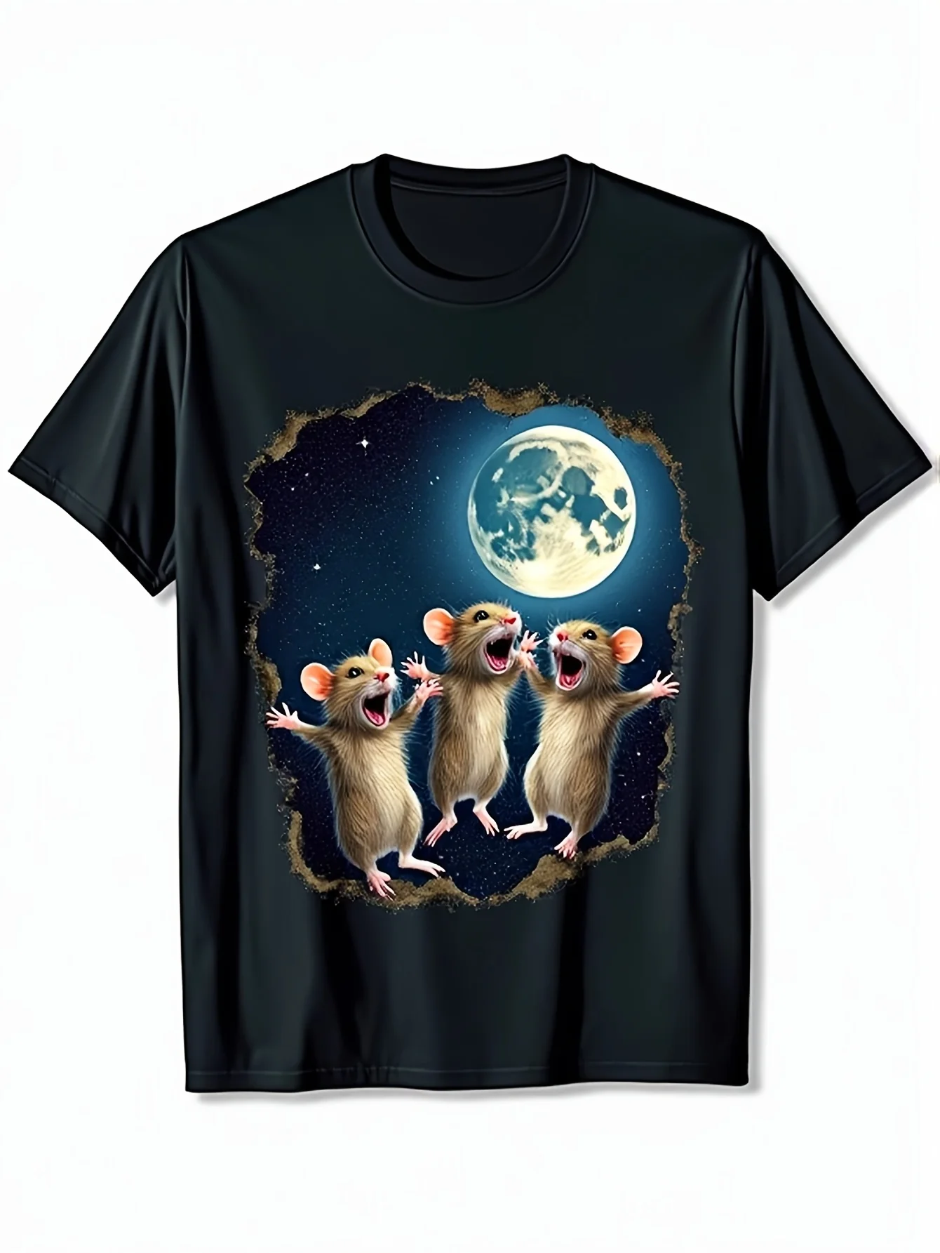 Men's Soft Breathable T-shirt with Fun Otter Barking Under The Moon Design, Starry Night Animal Pattern T-shirt for Nature and Astronomy Gifts, Casual Crew Neck Shirt (Size S-XXXL)