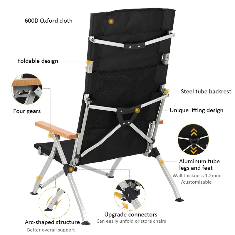 Outdoor Low Seat Aluminum Frame Lightweight High Back Relax Comfortable Recliner Folding Camping Chair