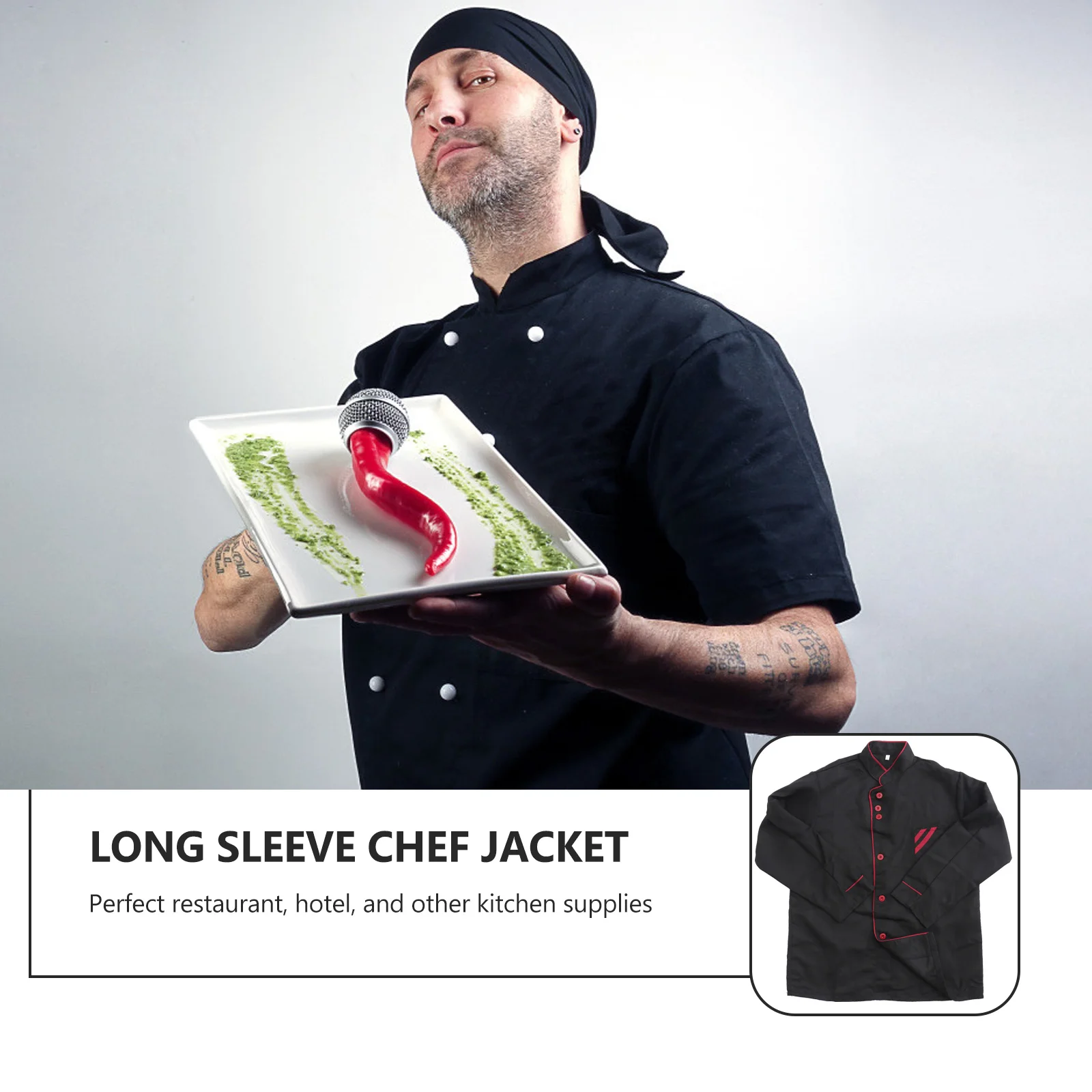 

Long Sleeve Chef Jacket Unisex Breathable Oil Proof Catering Shirt Stand Collar for Hotel Bakery Restaurant Black Size L
