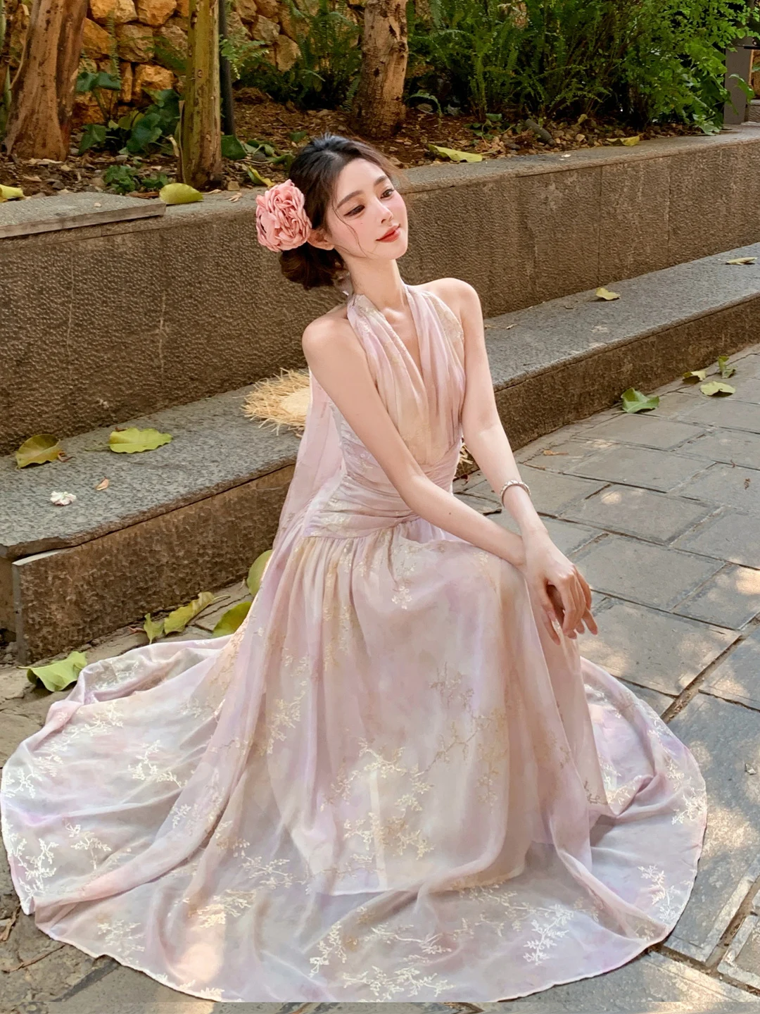 

Ele Pink Embroidered Floral ter Ne Beach Dr Waist Cinched Summer Vaion Skirt A-Line Silhouette Breathable Soft...