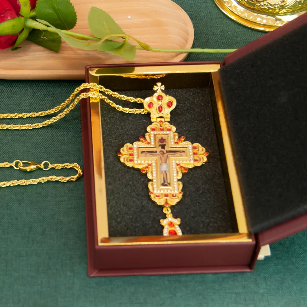 HT Gold Greek Orthodox Pectoral Cross Crucifix Necklace with Christian Salvation Jesus Religious Amulet Gift for Priest Bishop