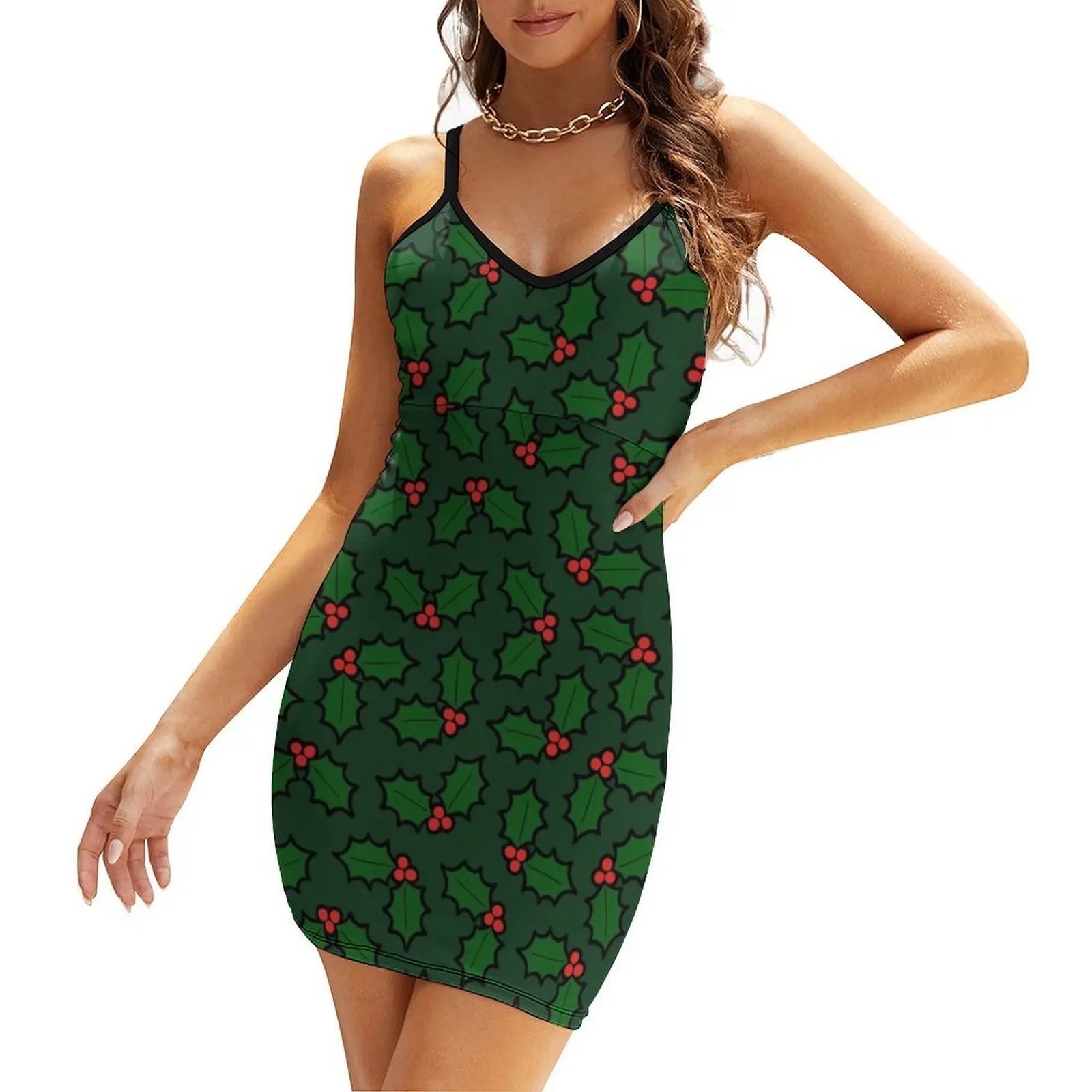 

Holly Leaves and Berries Pattern in Dark Green Sling Dress dresses for woman 2025 sexy dress for women Bridesmaid dress woman