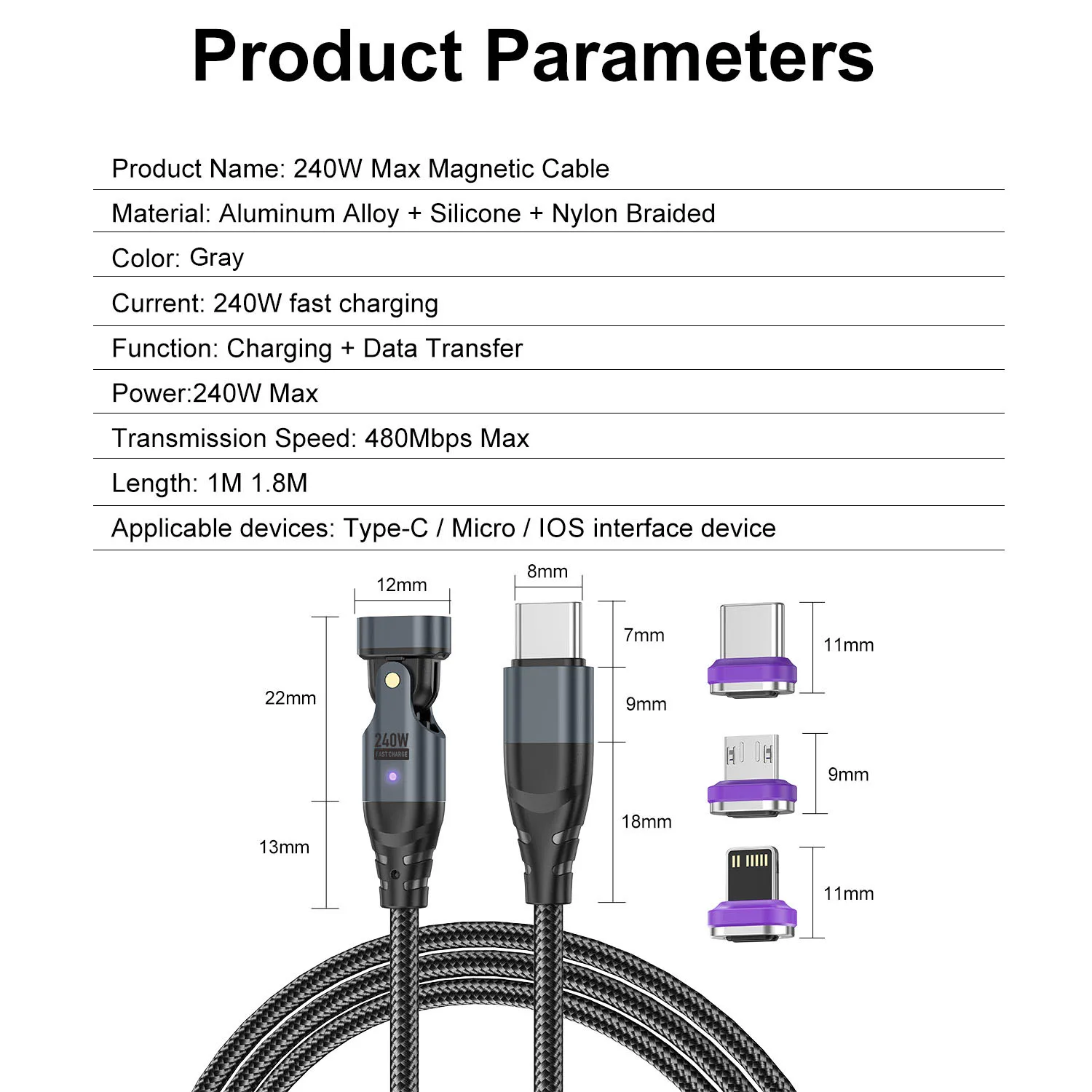 Cavo magnetico a ricarica rapida da 240W per iPhone 15 Pro Max Xiaomi 14 Pro HuaweiI Mate 60 cavo di ricarica Samsung S24 Ultra Type C