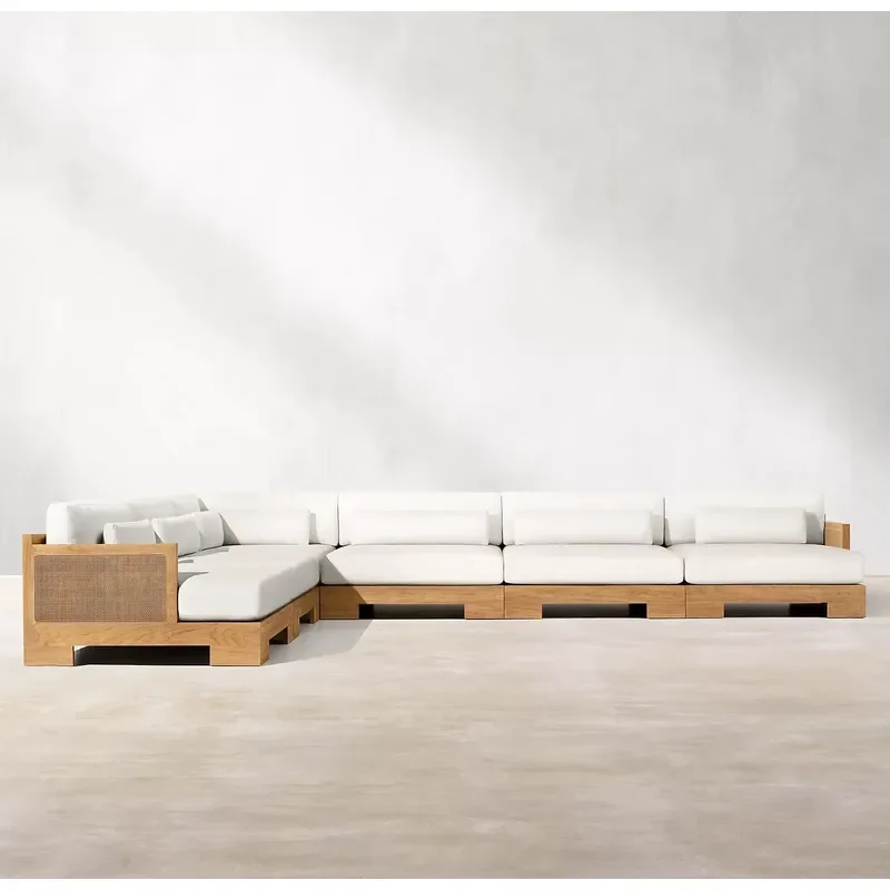 Patio Outdoor Furniture Mixed Materials Natural Wicker Solid Teak Wooden Frame Sectional Sofa Modern