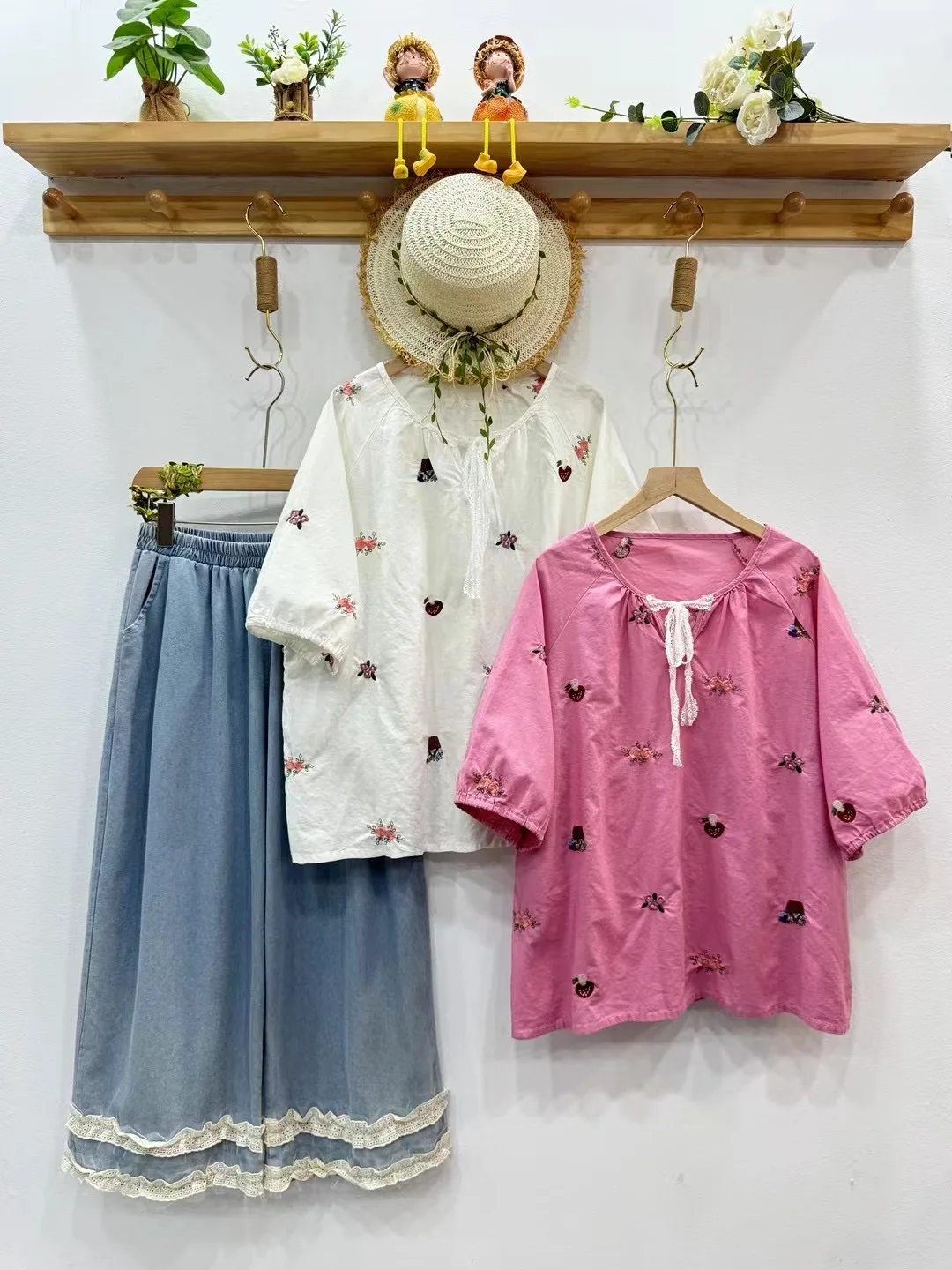 

Bust 114cm mori girl Japanese style 100% cotton pink white flower embroider shirts and blouses women summer boho clothing