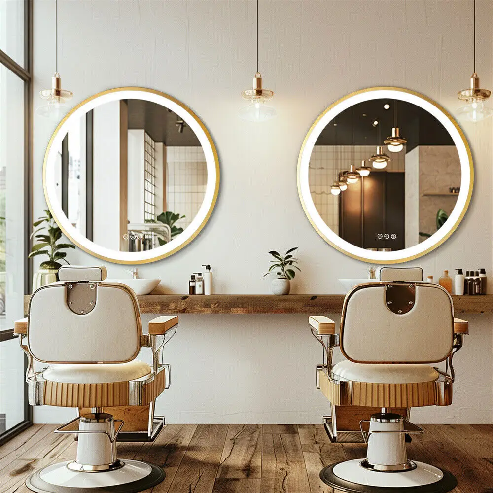 Bathroom Mirror with Aluminum Gold Frame Anti-fog 3 Lighting Color Memory Function LED 60/80cm Round Illuminated Wall Mirror