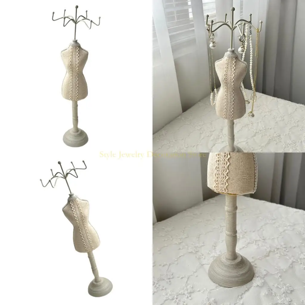 

D46E White Lace Decorated Wooden Jewelry Holder Exhibition Stand Perfect For Boutique Wedding Displays And Home Decors