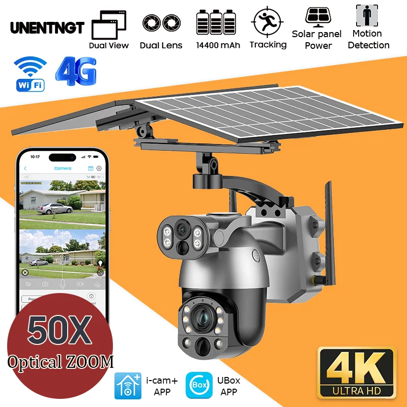 

UNENTGT 4k Dual Lens View 50X Optical Zoom Solar Battery PTZ Camera 10MP SIM Card Outdoor Wifi CCTV Solaire Surveillance Camera