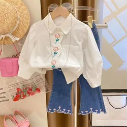 Girl's Flower Embroidered Doll Neck Shirt Girl's 2024 New Spring Wear Children's Korean Edition Western Style Micro La Jeans Set