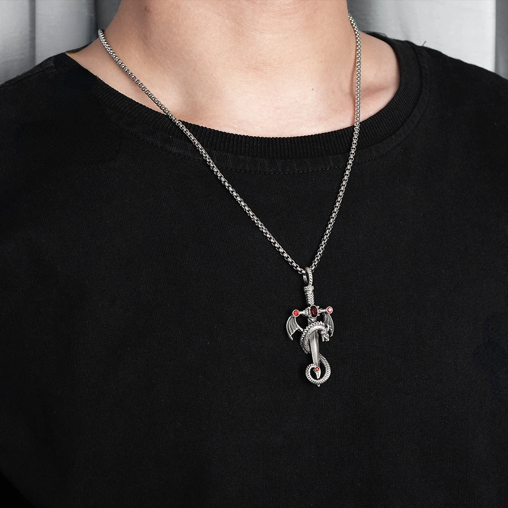 Vintage Silver Color Dragon Sword Cross Pendant Necklace for Men Women\'s Goth Punk Long Chain Necklace Hip Hop Jewelry