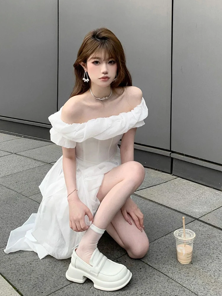 

Белое вечернее платье на одно плечо для женщин, корейский стиль, с завышенной талией, на молнии, короткий рукав, миди-платье для торжественных мероприятий