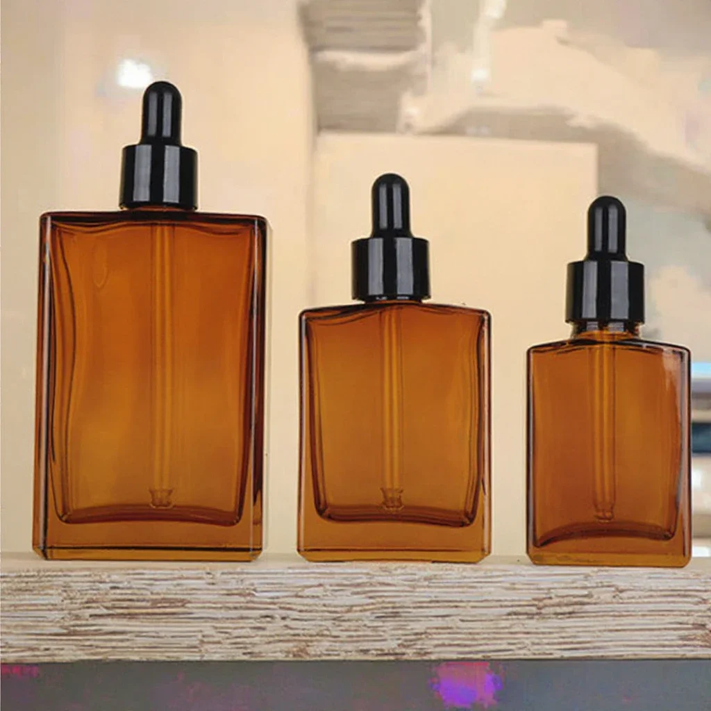 200*30ml 50ml 100ml âmbar marrom vidro retângulo óleo essencial garrafa conta-gotas plana quadrado vidro skincare soro garrafa embalagem