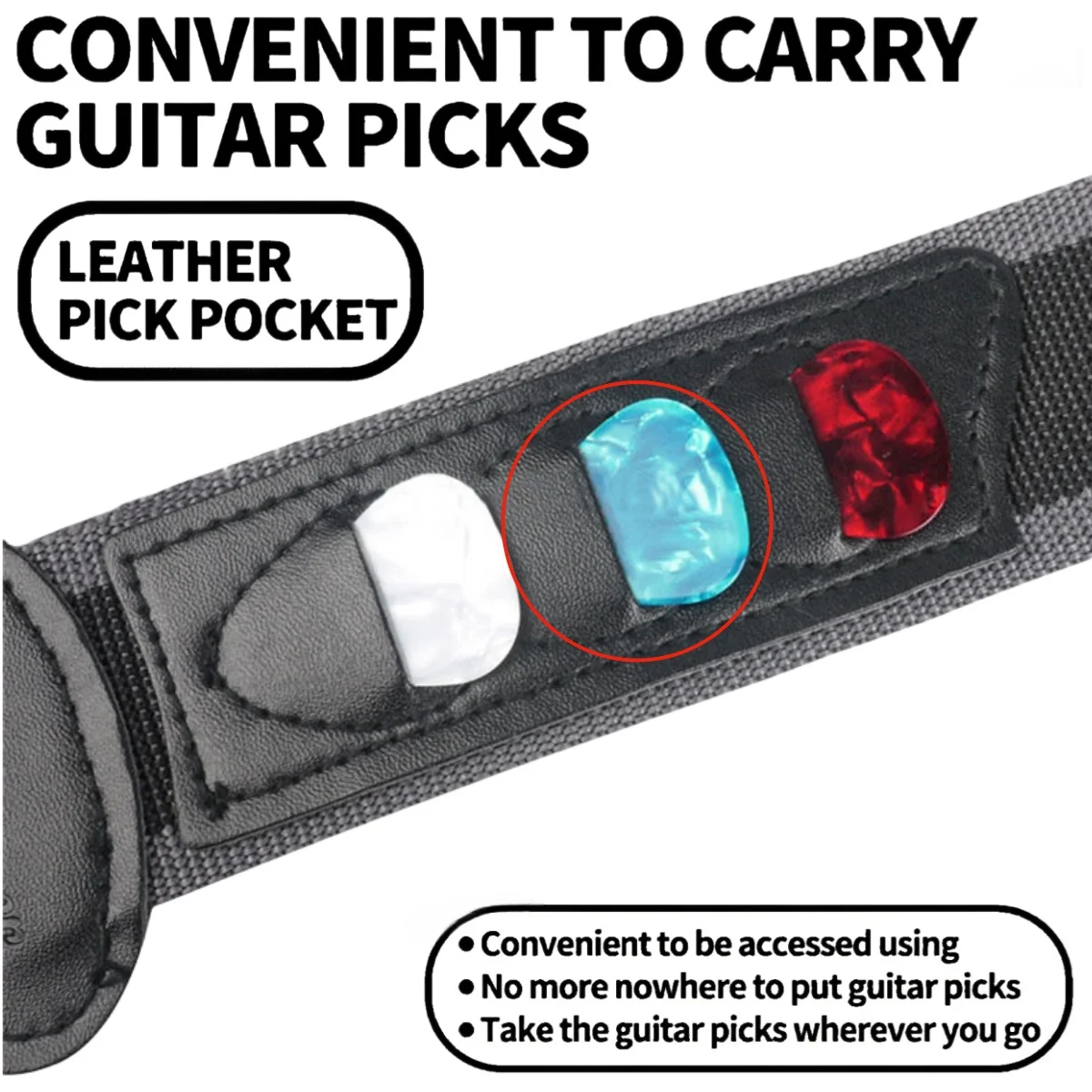 Miwayer Guitar Strap Black 36.6 - 65in Adjustable with 3 Guitar Picks Holders PU Leather Ends for Electric Acoustic Guitar, Bass