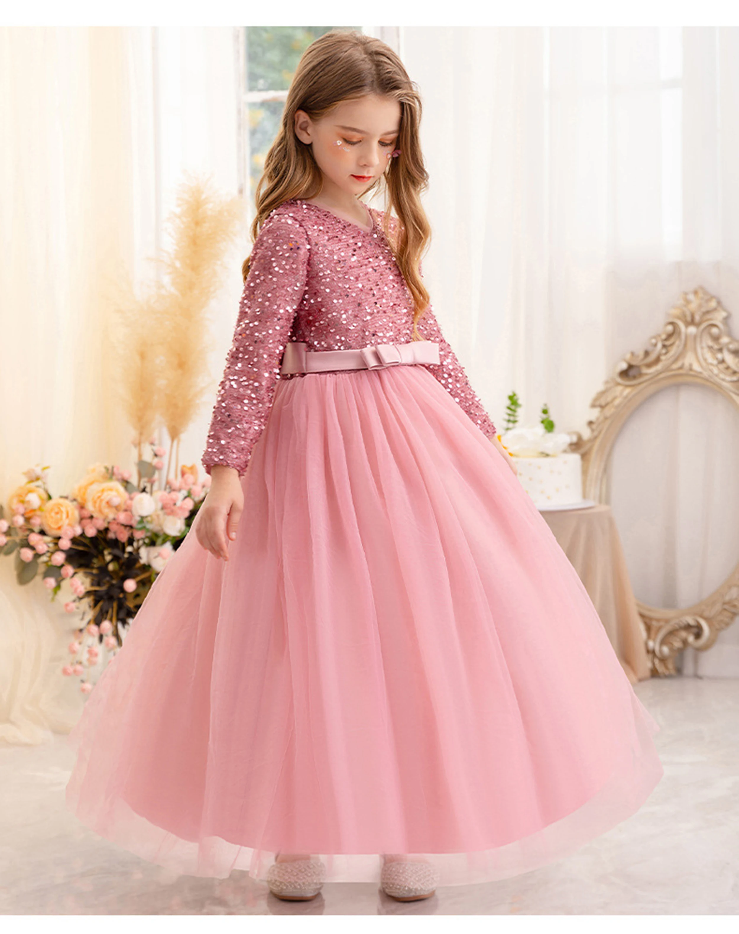 Little Big Girls Winter Long Sleeves Sequined Flower Girl Birthday Party Pageant Holiday Long Dress 23822